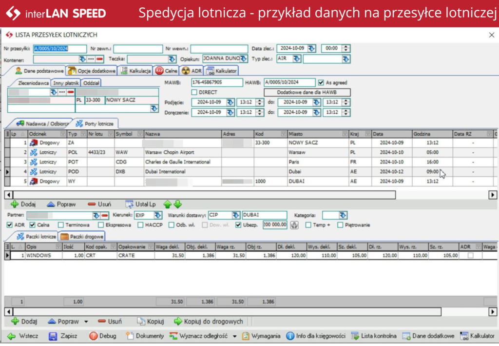 Dane na przesyłce lotniczej